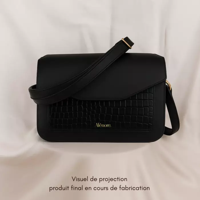 Maxi Pâquerette Noir et finition croco noir, sac végane en toile végétale fabriqué en France – Alénore