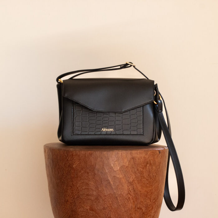 Maxi Pâquerette Noir et croco sac végane en toile végétale et bandoulière fabriqué en France – Alénore