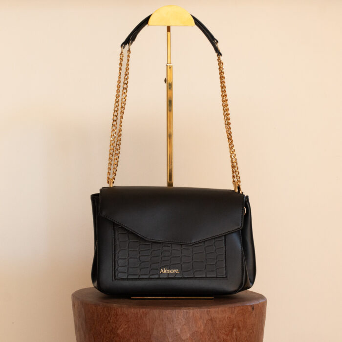 Face Maxi Pâquerette Noir et croco sac végane en toile végétale fabriqué en France – Alénore